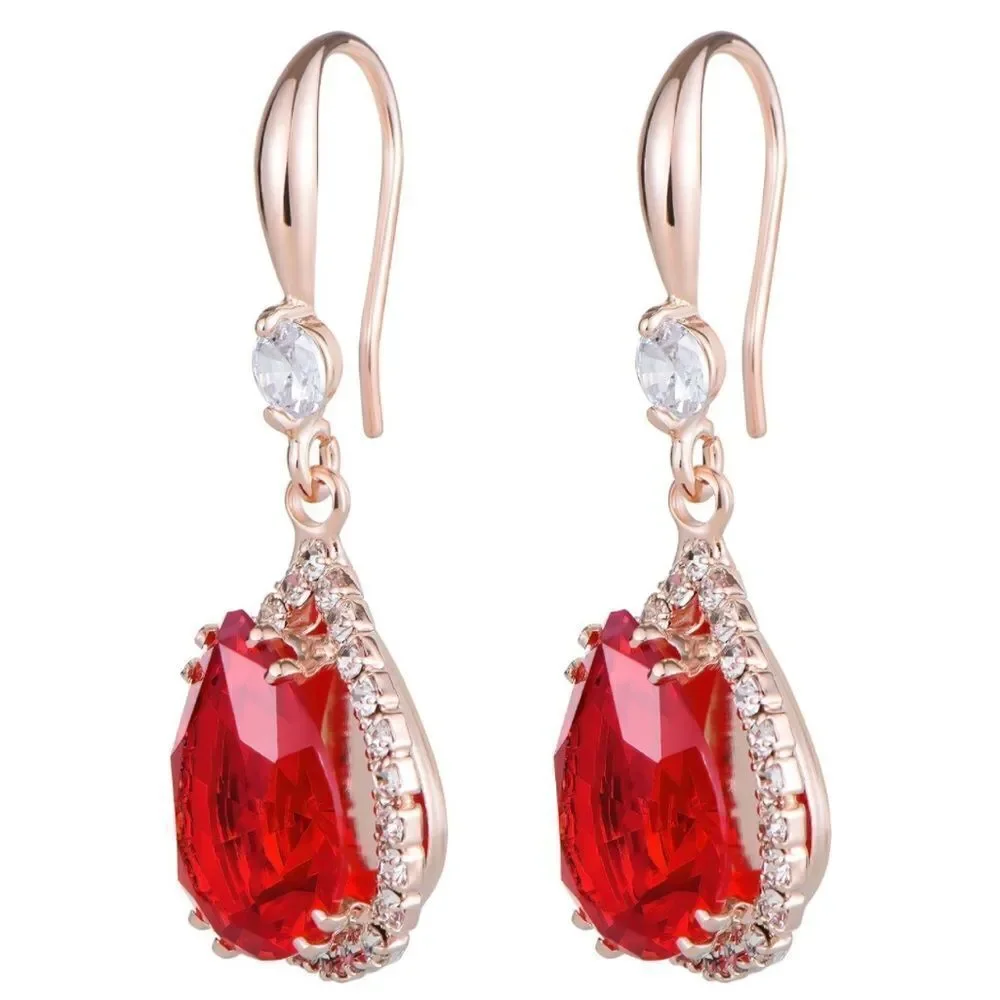 14K Rose Gold with Ruby Red Cubic Zirconia Teardrop Hook Dangling Earrings